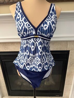 Navy & White Printed Tankini Swim Set Size Large Gold Accent